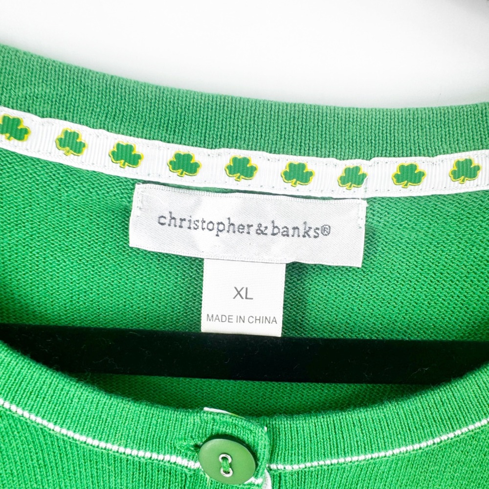 Christopher & Banks Green Shamrock Cardigan Sweater XL St Patricks Day Cotton - Picture 3 of 5